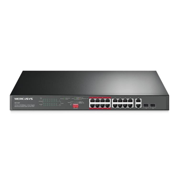 MERCUSYS - Switch 16 Portas PoE+ 10/100Mbps + 2 Portas Gigabit + 2 Portas SFP UnManaged Rackmount MS118CP